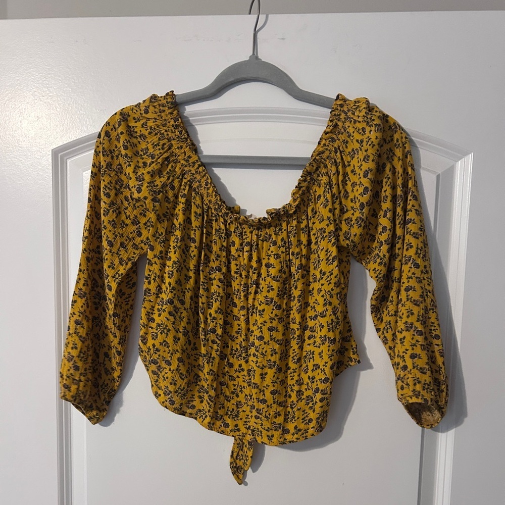 Jolt Mustard Floral Tie-Front Peasant Blouse - Picture 5 of 5